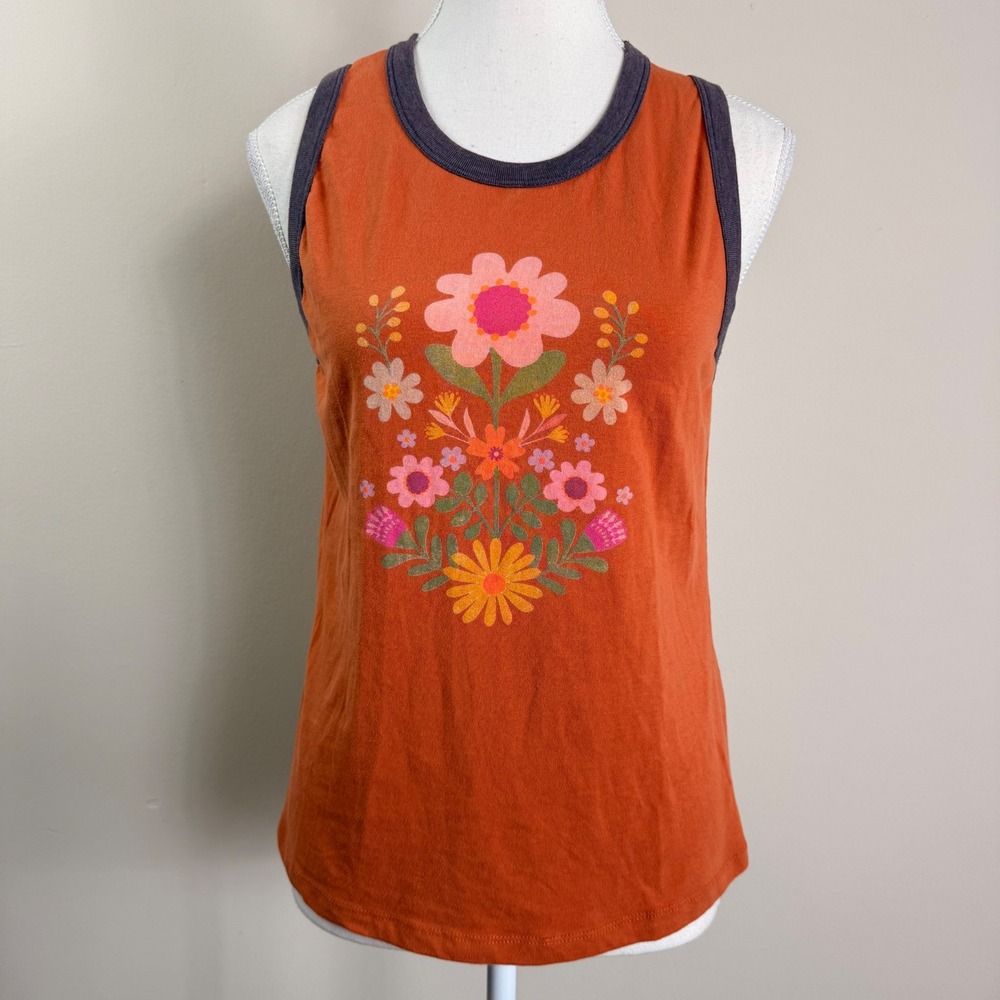 Natural Life Womens Rust Folk Floral Ringer Tank Top Orange Large Sleeveless - Picture 2 of 6